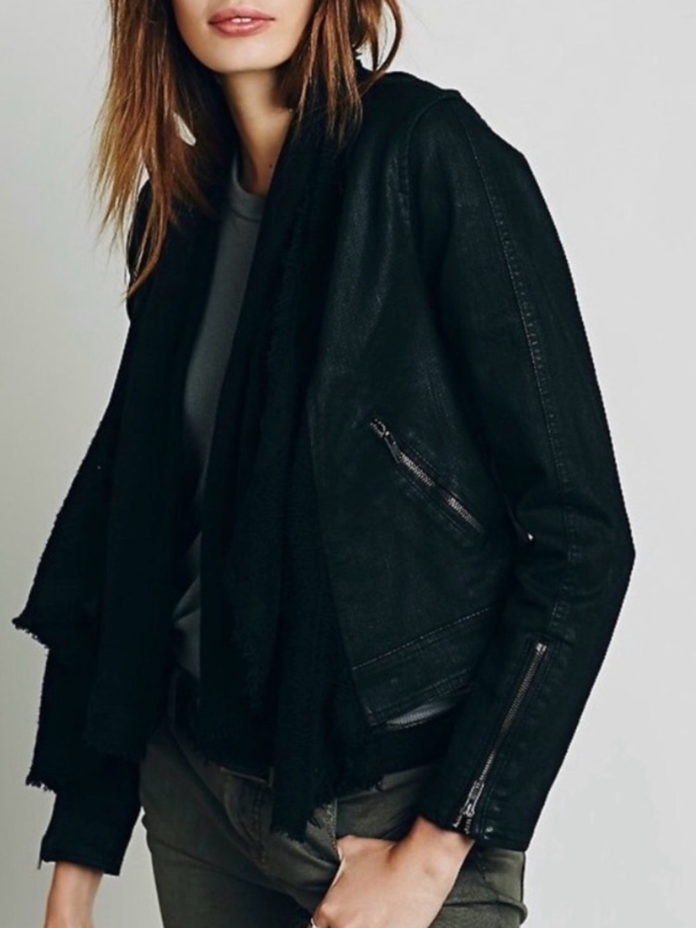 Free people black denim draping moto jacket size 0